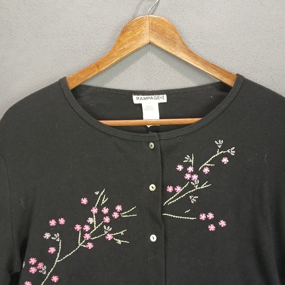 Rampage Cardigan Sweater Womens 11 Black Floral Cotton‎ Embroidered Round Neck - Picture 3 of 8